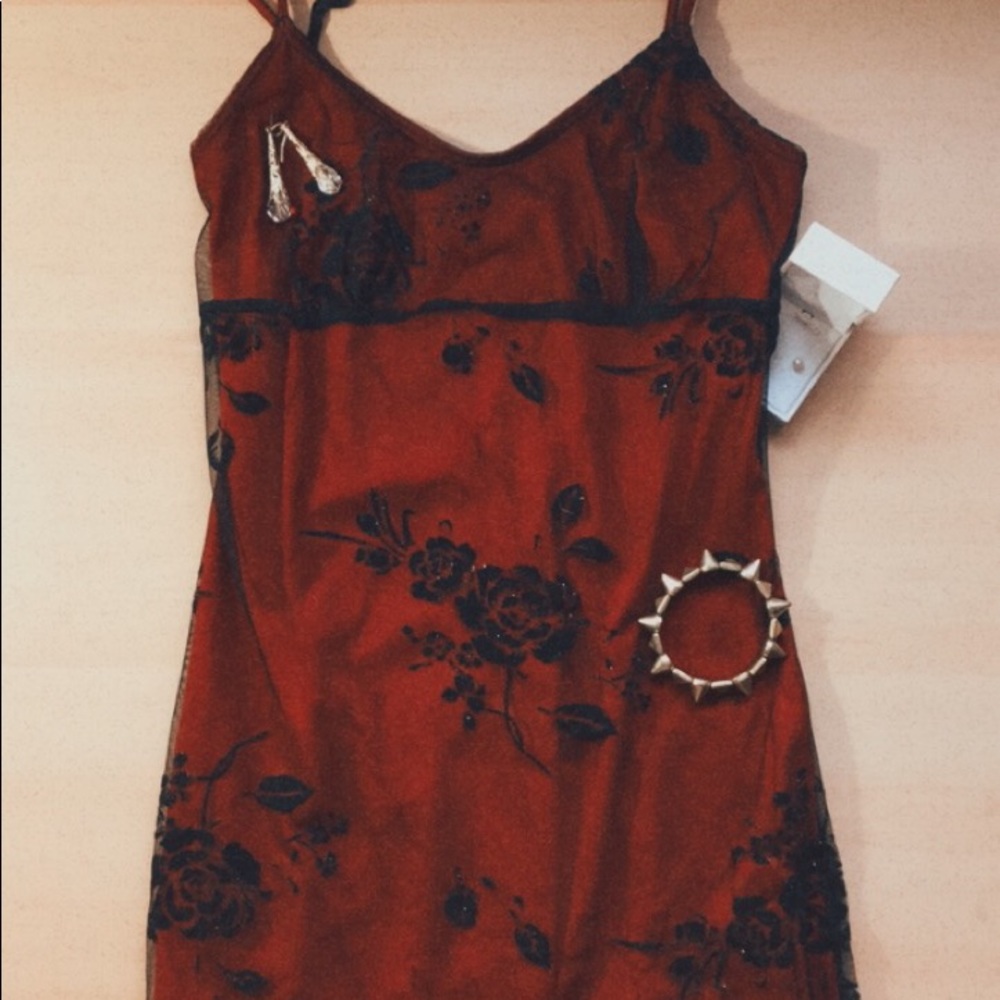 Red, black rose embroidered dress